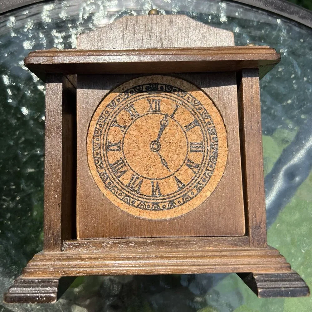 Vintage 1979 Enesco Wooden Clock Coaster Set with Holder - 7 Piece Set